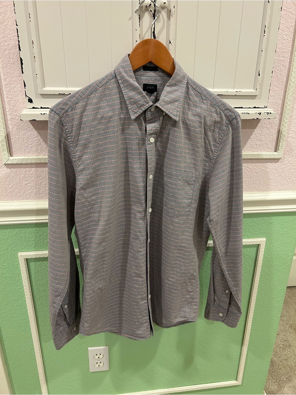 J. Crew Gray Long-Sleeve Button-Down Shirt with Pink Stripe